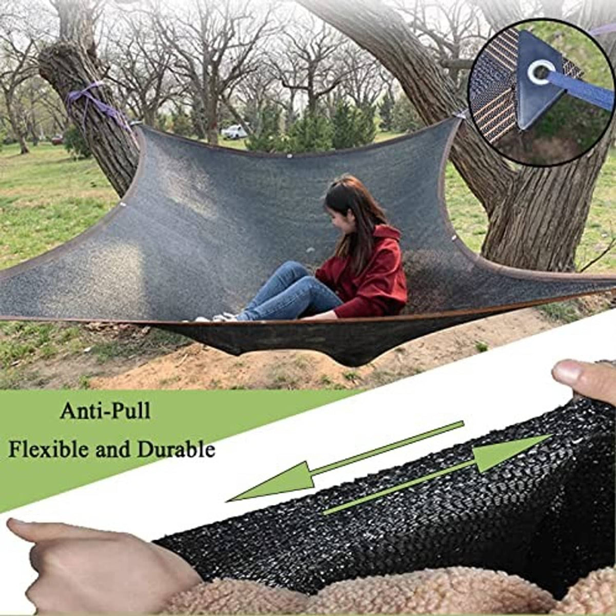 Black shade cloth stretched like a hammock, with brown edge binding and reinforced rings