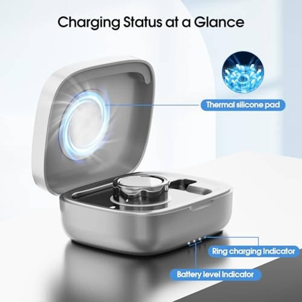 Gray Oura Ring charging case with circular LED glow showing ring charging