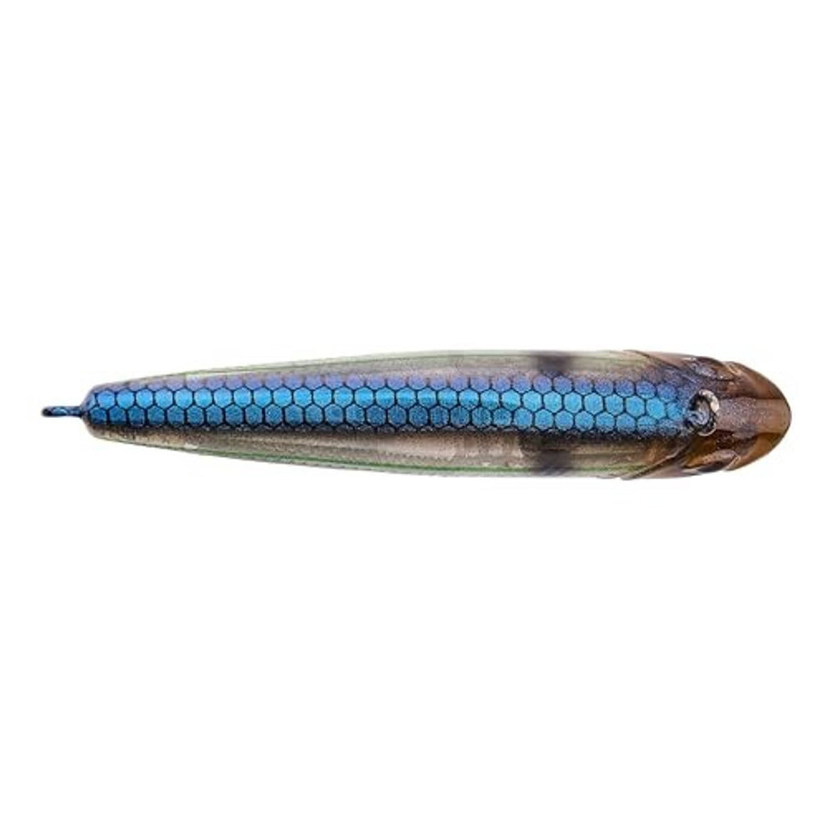 Blue honeycomb-pattern minnow crankbait with metal lip and rear treble hook