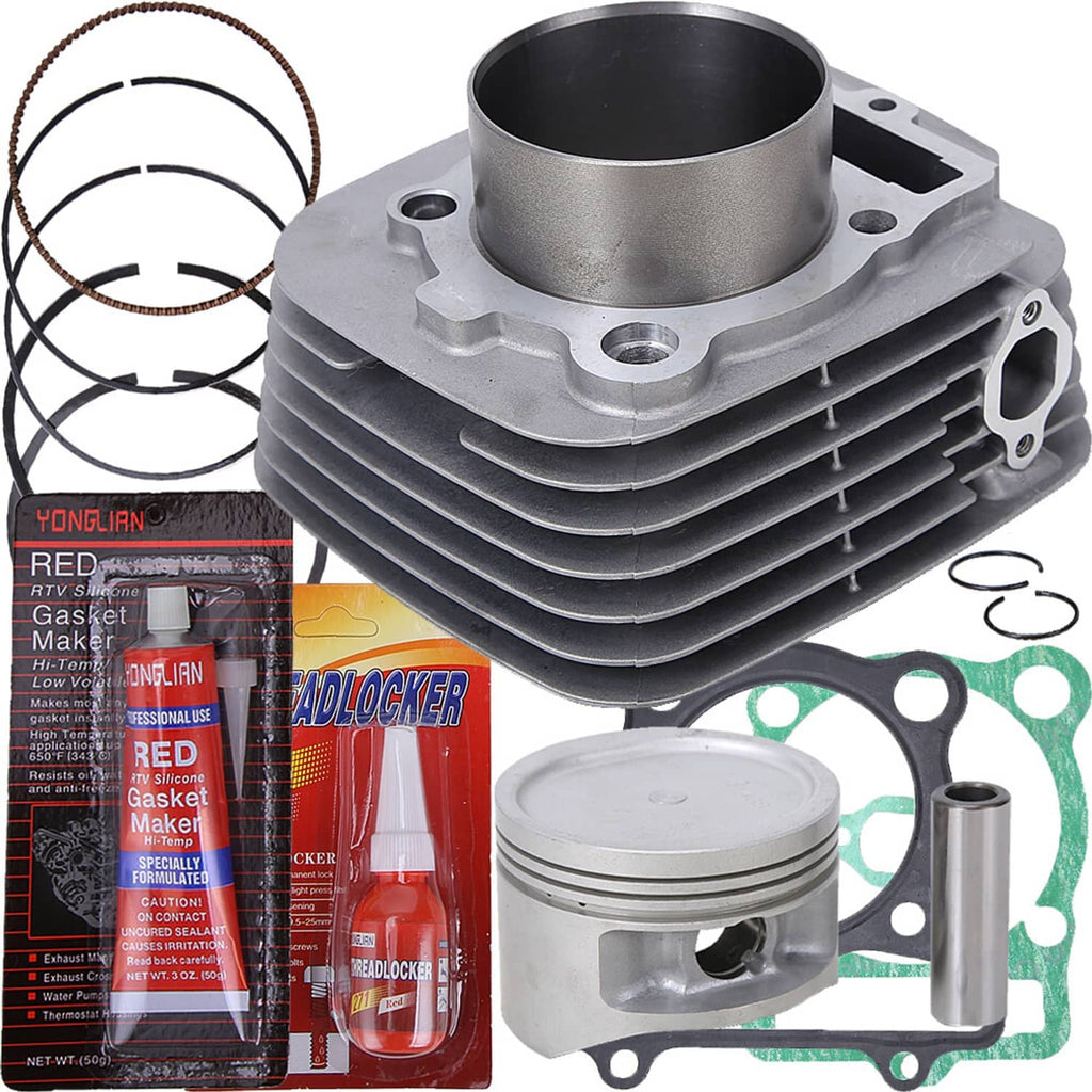Cylinder and piston components with rings and green gasket set in a top end kit