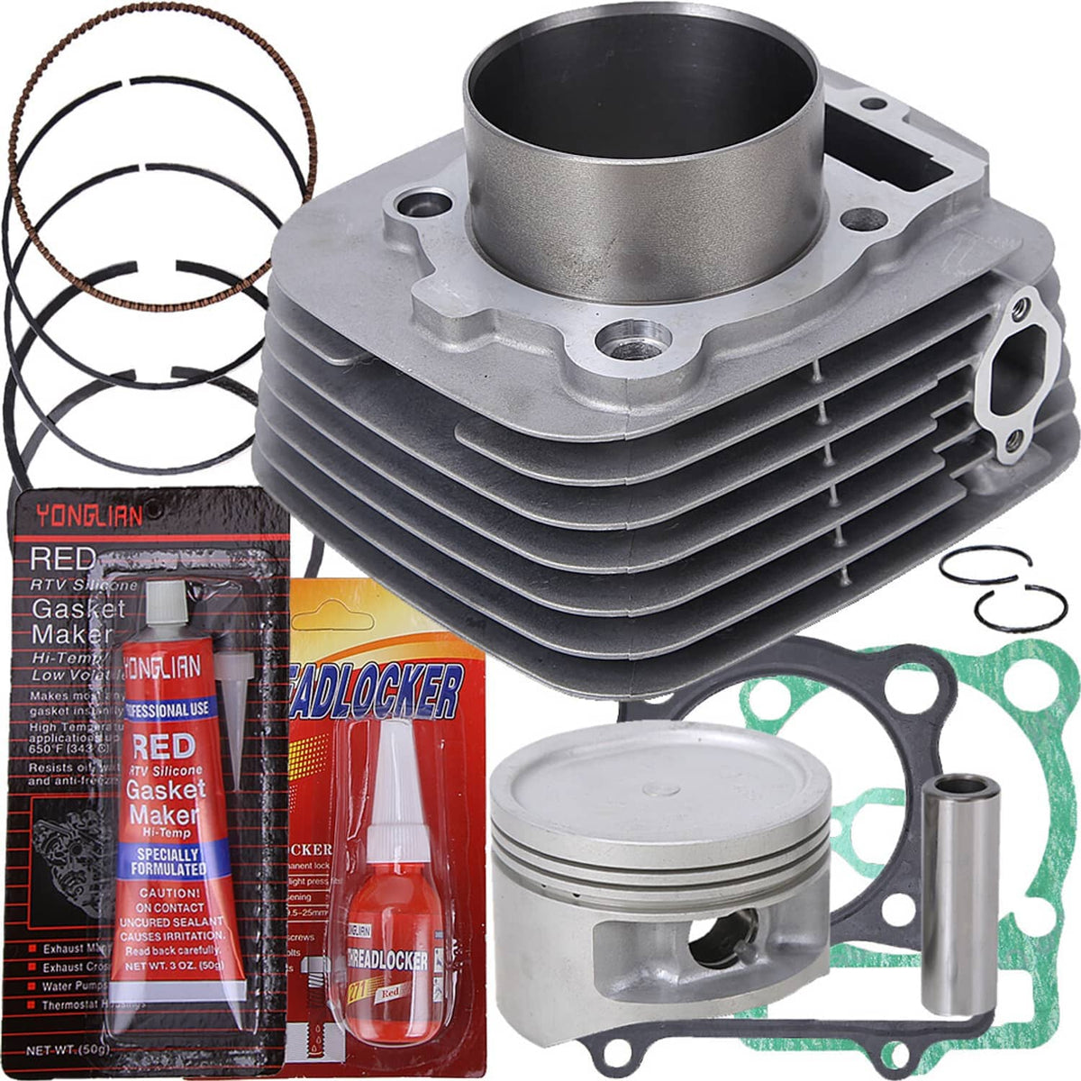 Cylinder and piston components with rings and green gasket set in a top end kit