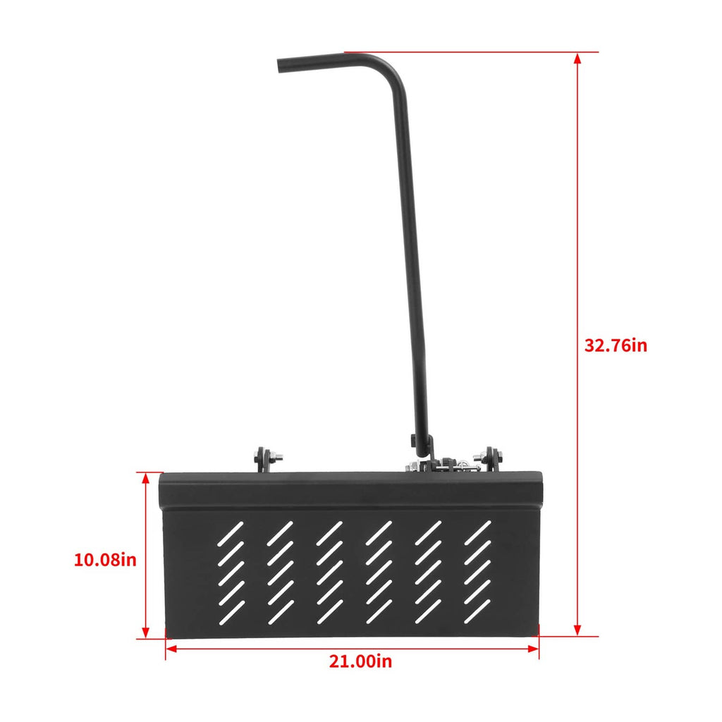 Black chute blocker shield with curved handle and mounting bracket, with size diagram
