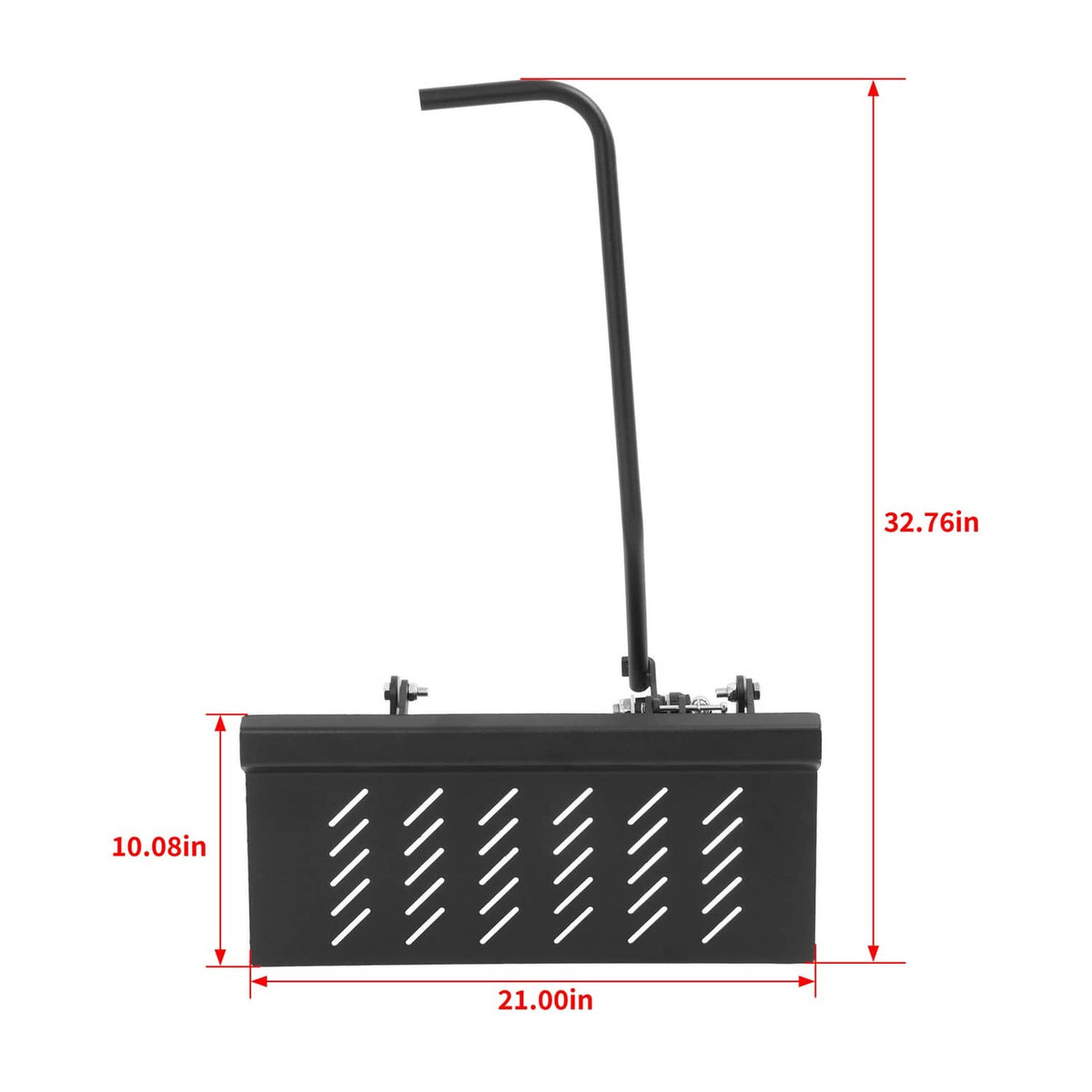 Black chute blocker shield with curved handle and mounting bracket, with size diagram
