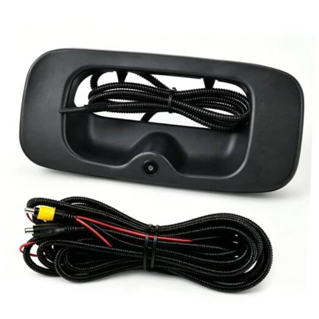 Black tailgate handle backup camera with coiled wiring harness and mounting base