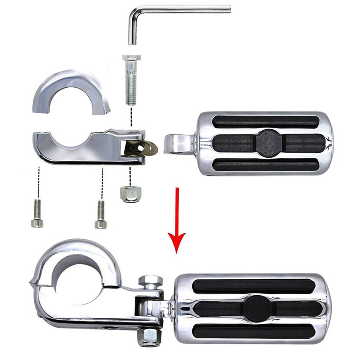 Chrome short highway foot peg kit with mounting hardware and U brackets, exploded view