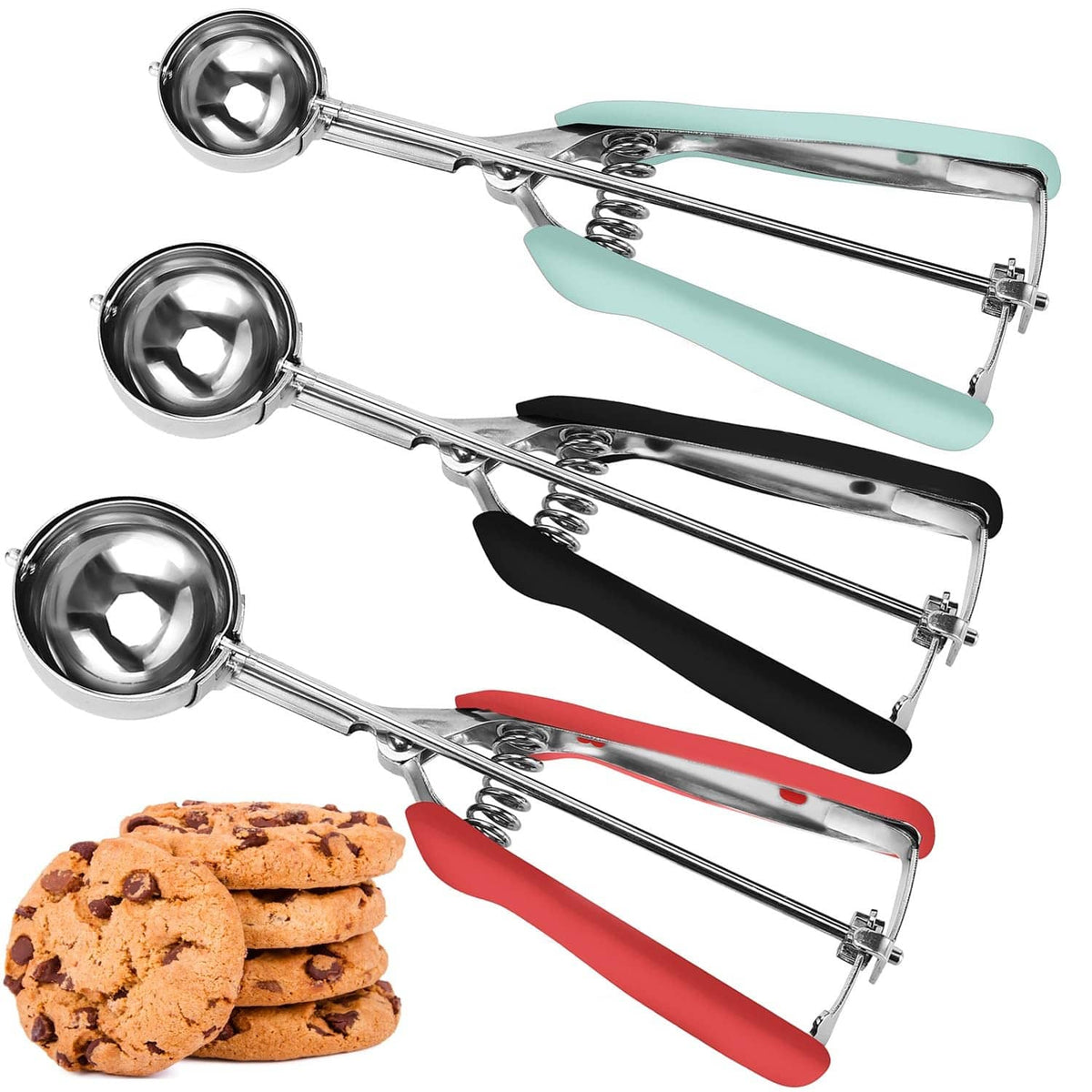 Stainless cookie scoop set with mint, black, and red non-slip handles (3 sizes)