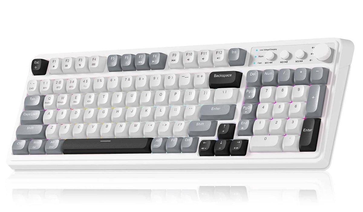 White wireless keyboard with grey and black keys, 99-key layout