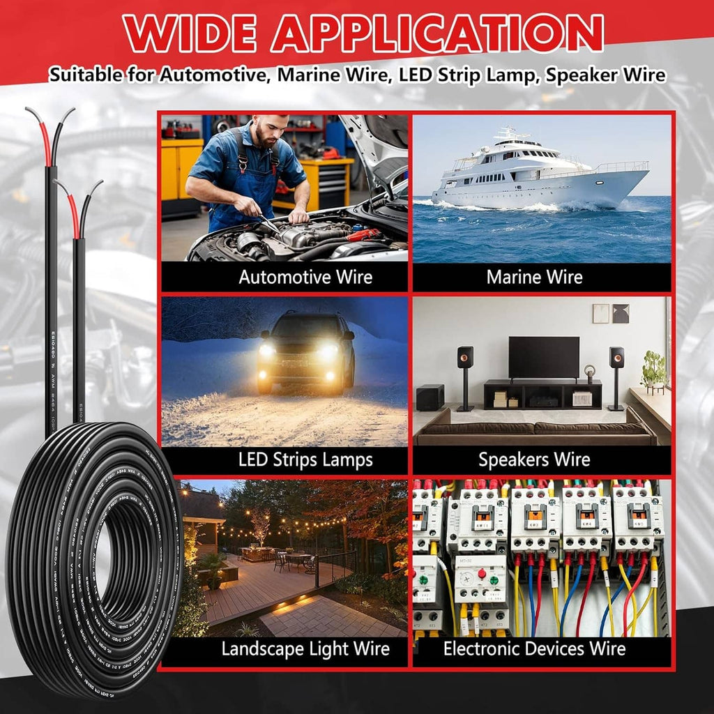 Two-conductor electrical wire reel, black jacket with red-tipped conductor ends.