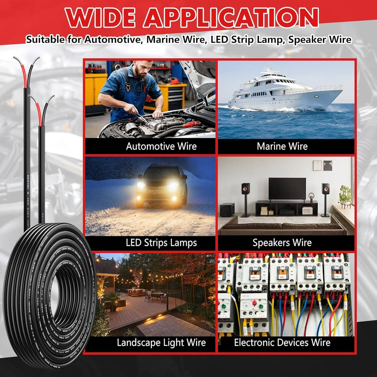 Two-conductor electrical wire reel, black jacket with red-tipped conductor ends.