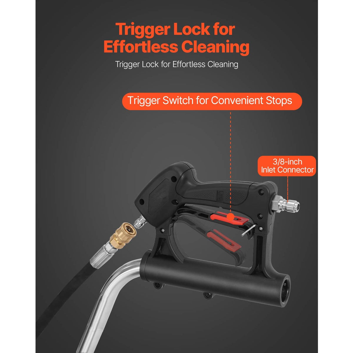 Pressure washer trigger lock and 3/8-inch inlet connector attached to the cleaner