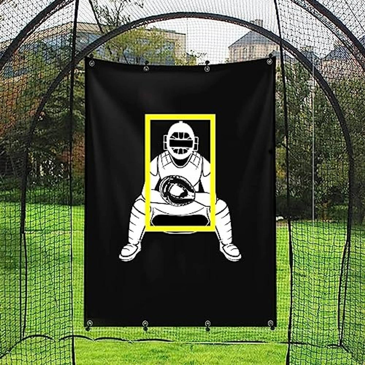 Black baseball backstop target banner with centered catcher strike-zone graphic, yellow frame