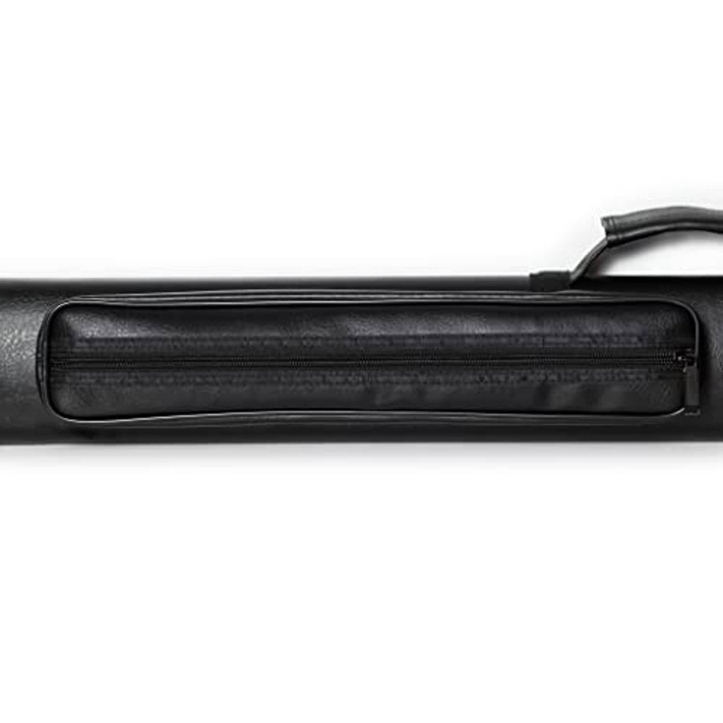 Black billiard cue case with long zippered interior compartment and handle loop.