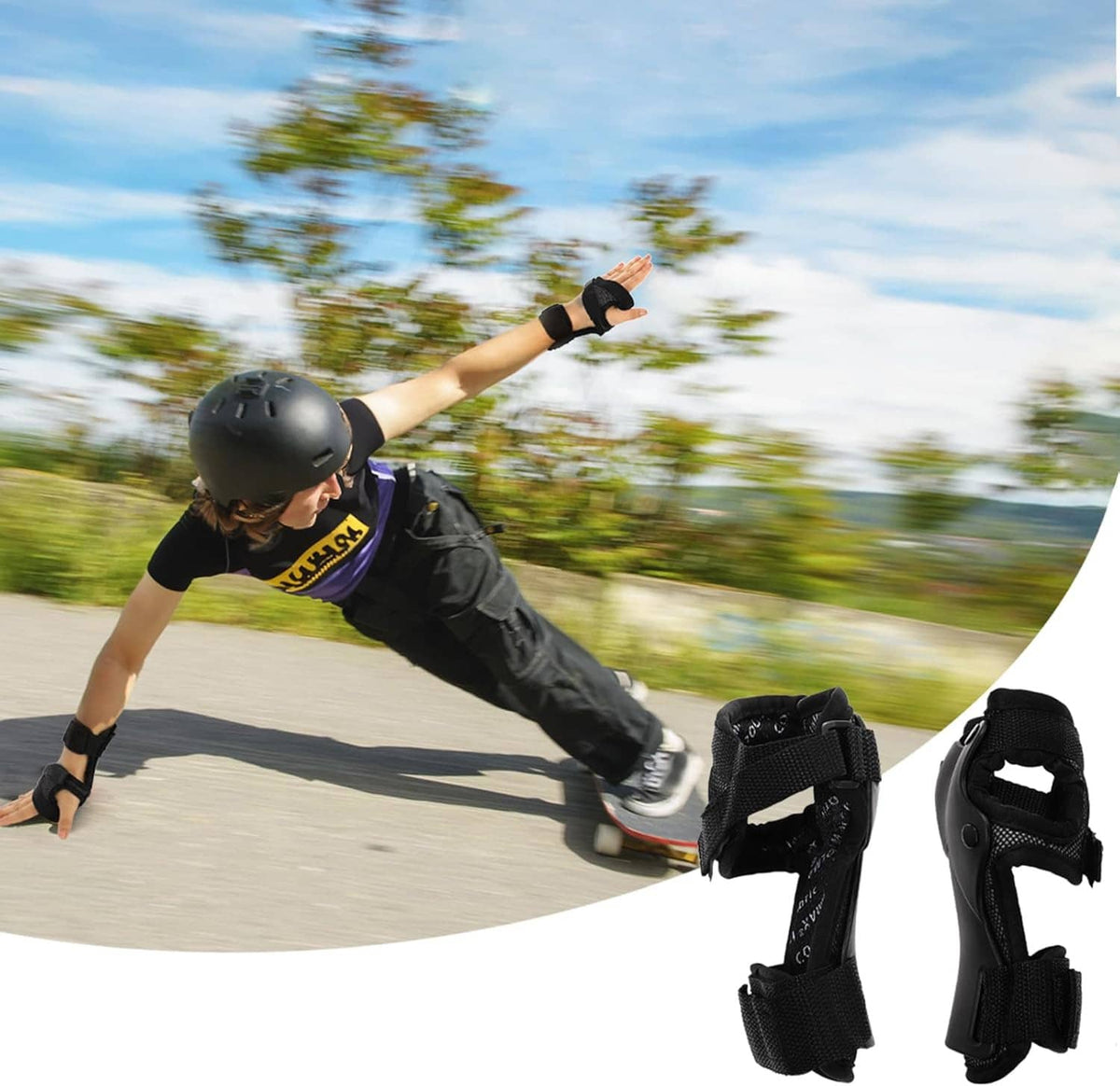 Black wrist guards on skater’s wrists, hard protective shells with fabric straps