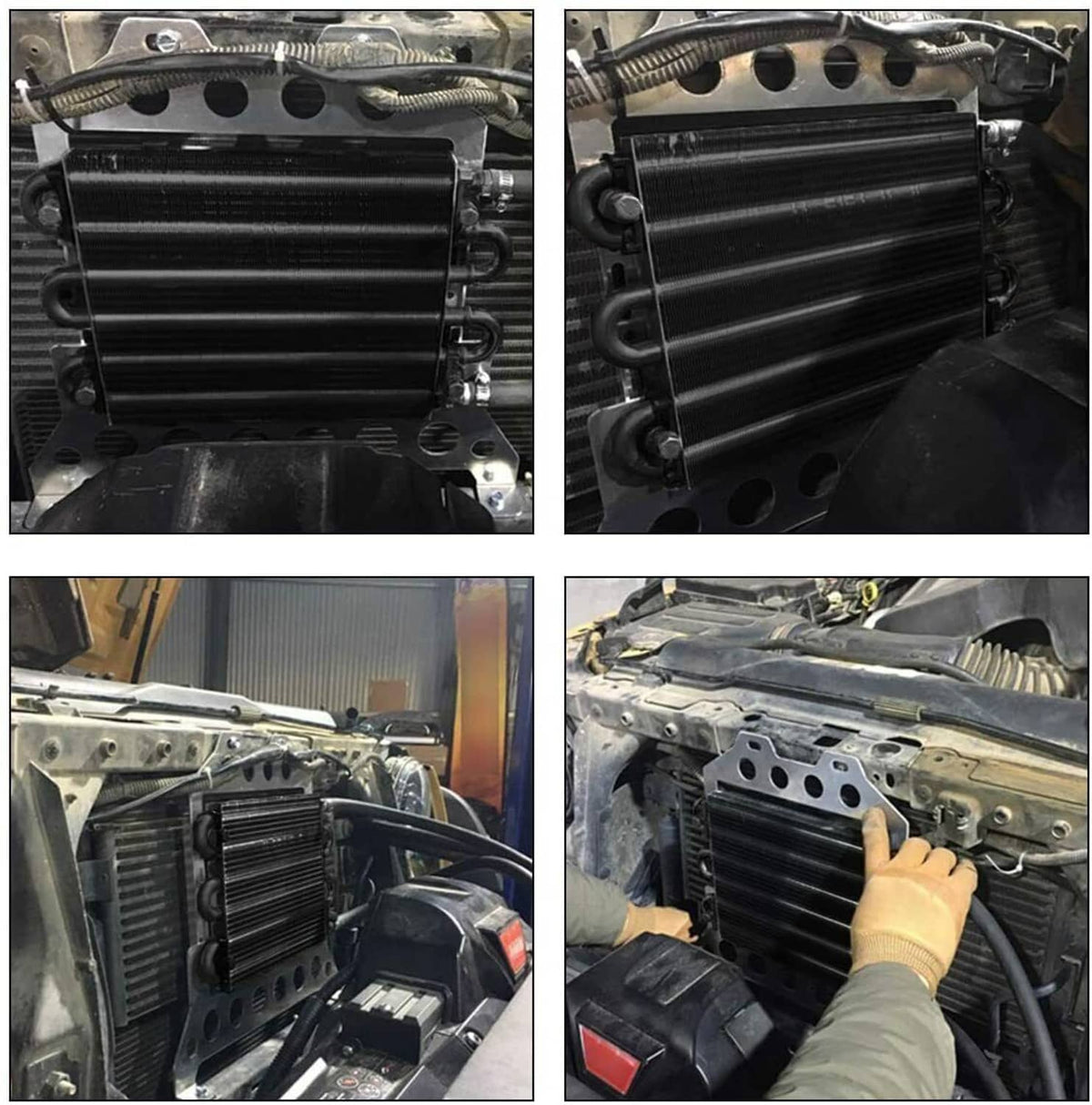 Aluminum oil cooler radiator assembly with mounting brackets in engine bay
