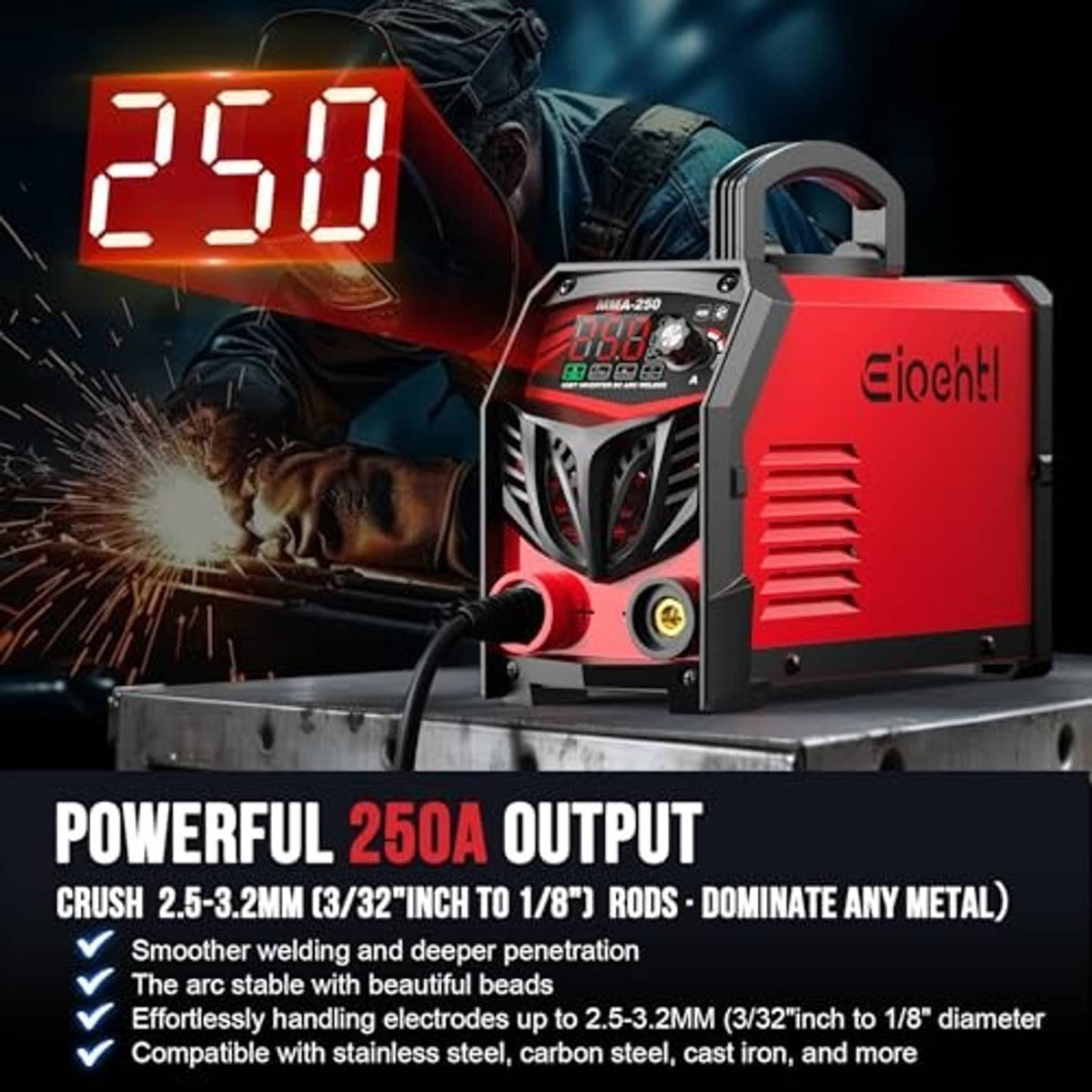 Red arc stick welder with glowing arc and bright LED readout on the front