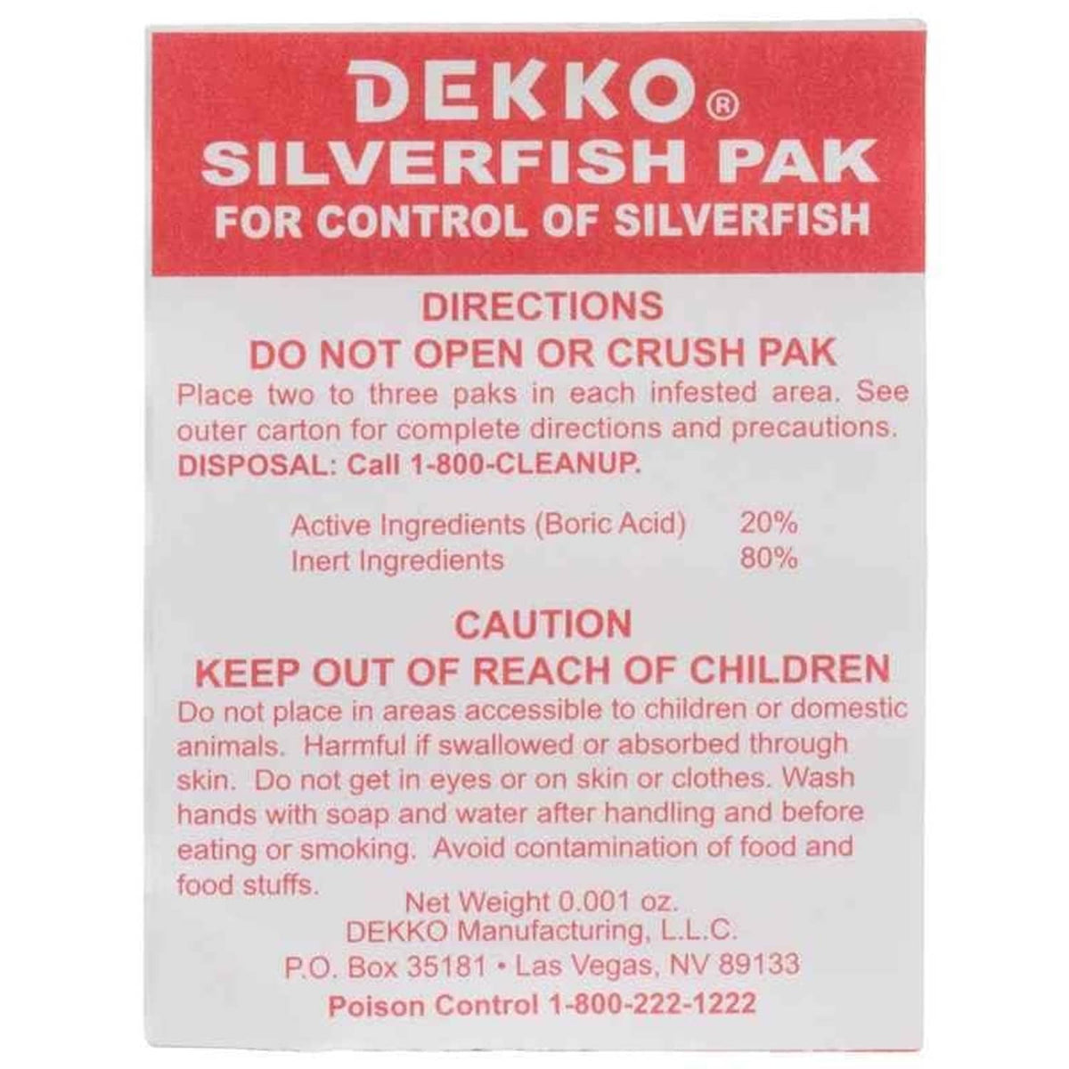 DEKKO Silverfish Pak sachet label with directions and caution text