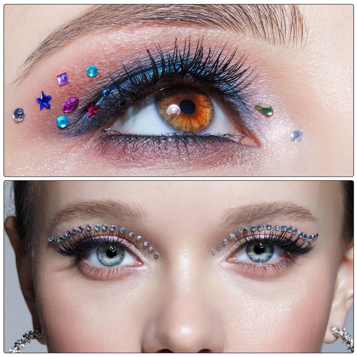 Rhinestone eye makeup accents with silver and colored stones along the eyelids