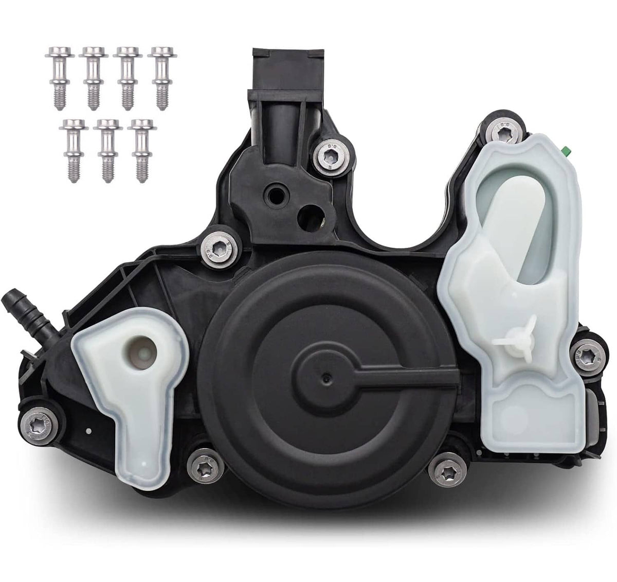 PCV oil separator valve assembly with black housing and light translucent intake covers