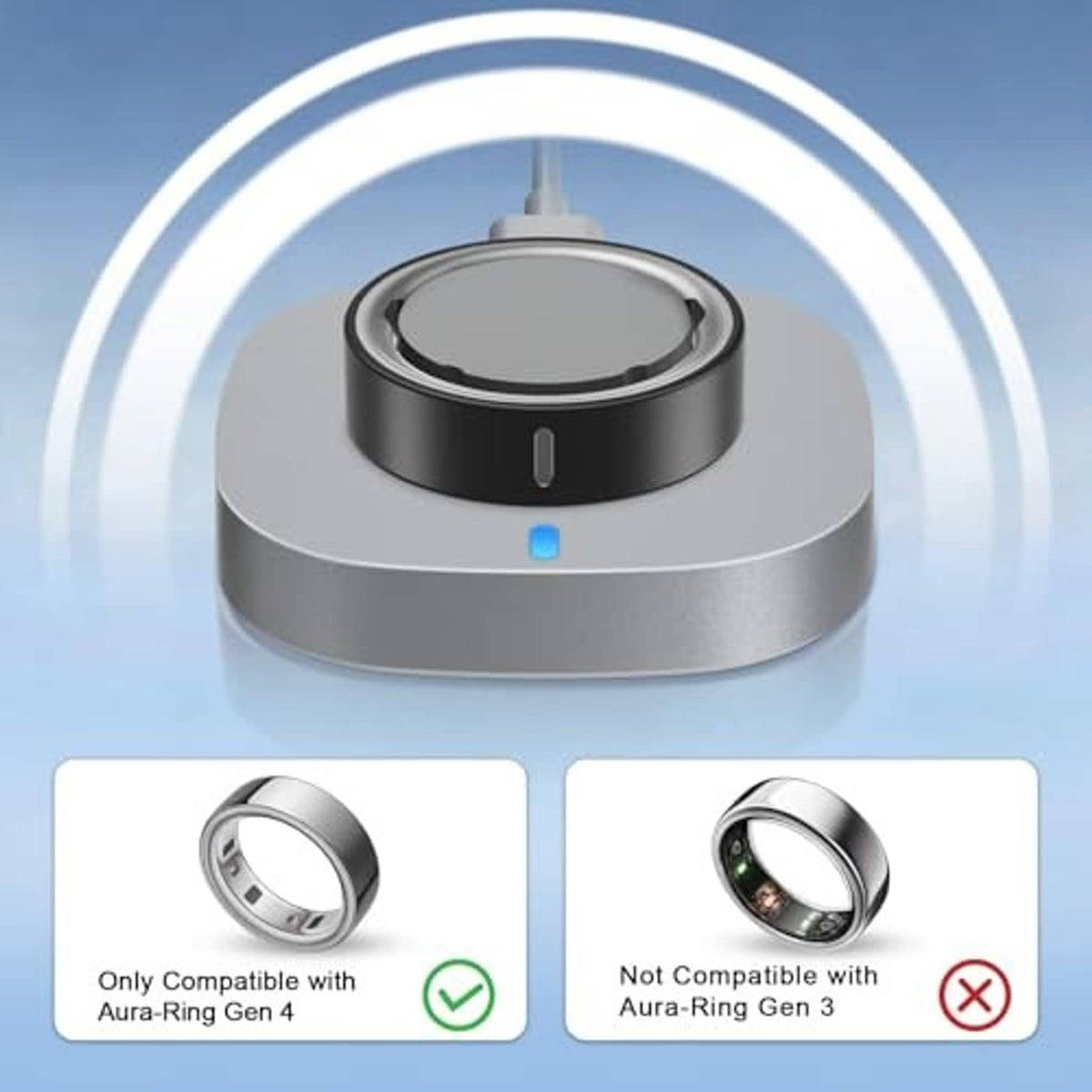 Top view of gray charging dock with black ring cradle and blue status light