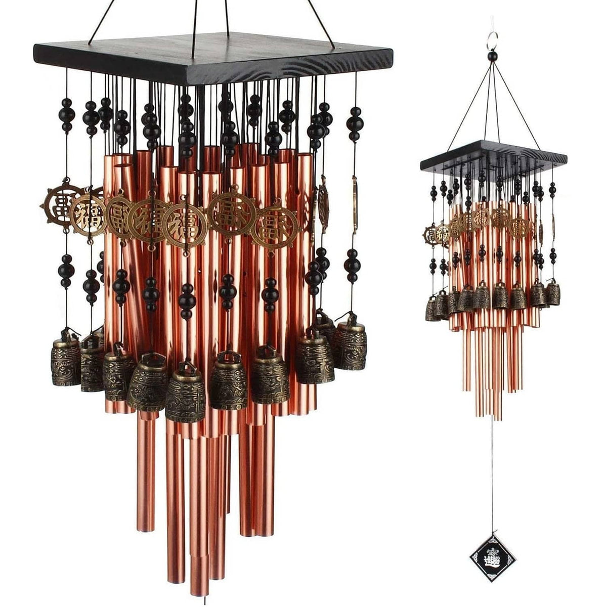 Bronze wind chime with hanging copper tubes and dark bead accents, memorial-style design