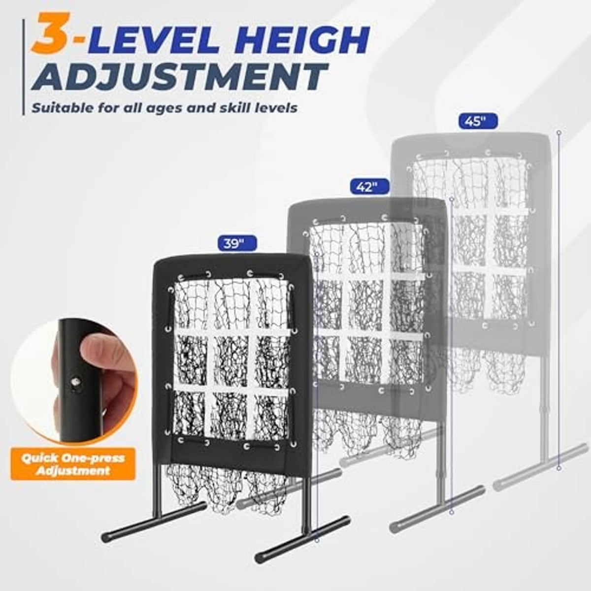 Black pitching net height-adjustment frames with multiple size target openings