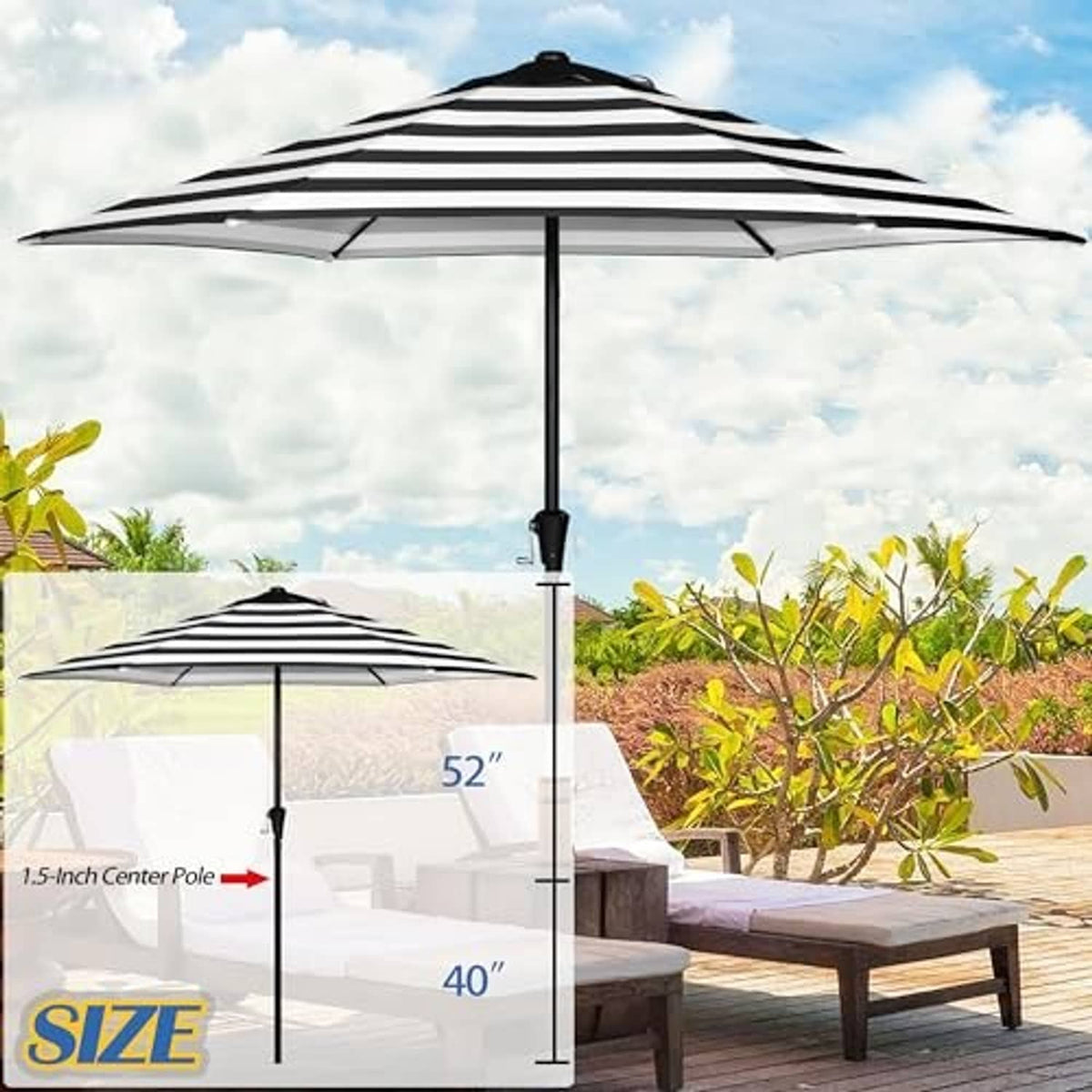 Patio umbrella with black-and-white striped canopy and dark central pole