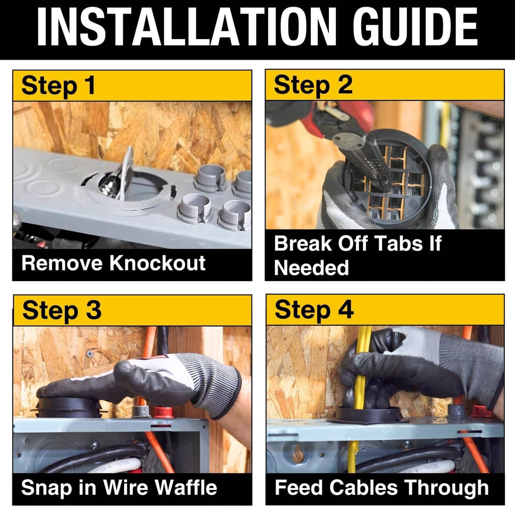Wire waffle connector on electrical panel, snap-in tabs and cables feeding through