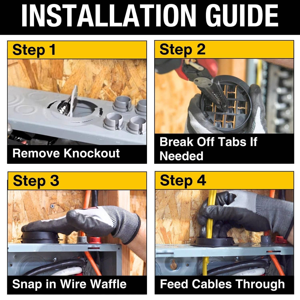 Wire waffle connector on electrical panel, snap-in tabs and cables feeding through