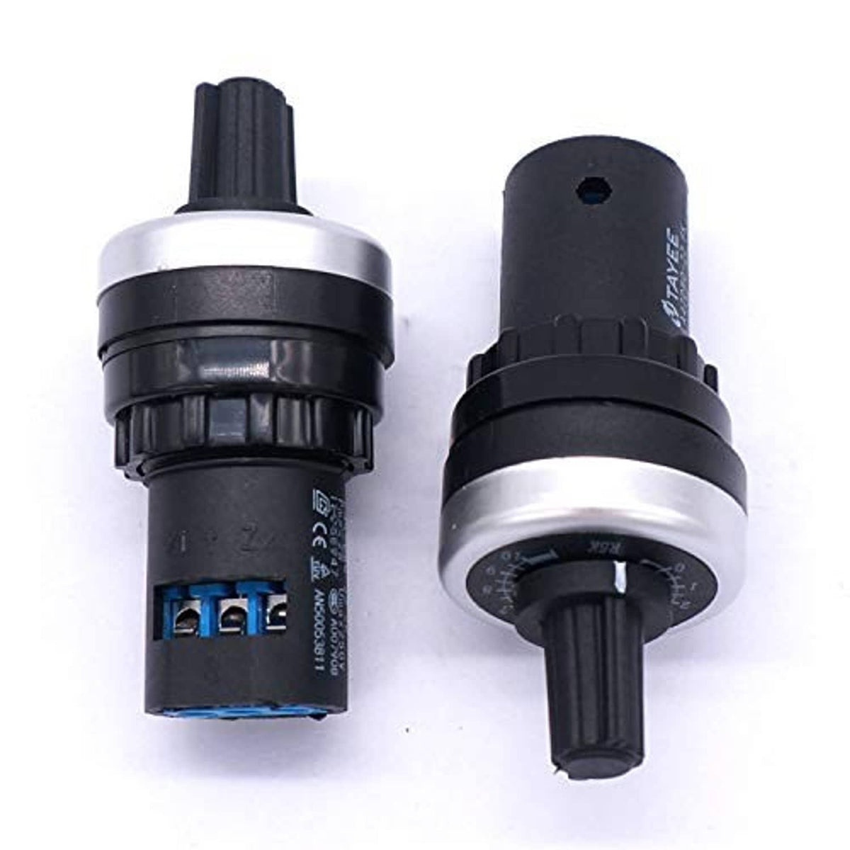 Rotary 5K ohm potentiometer with adjustment dial and blue output terminals