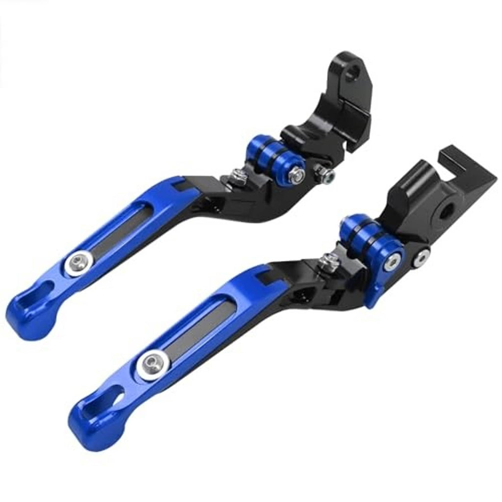 Blue and black brake and clutch lever set with adjustable mounts and pivot bolts
