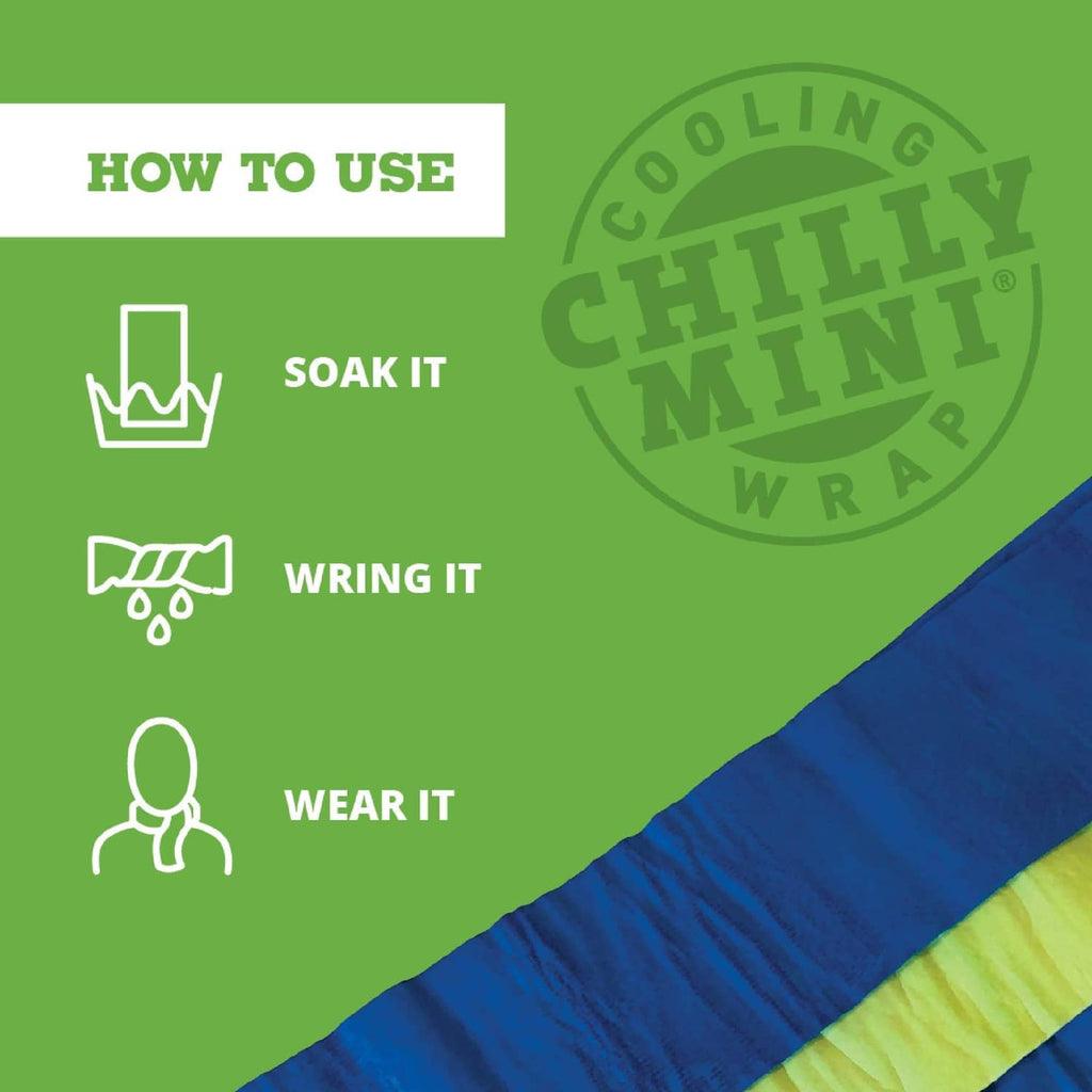 Chilly Mini cooling towel infographic with lime fabric strip and blue edge