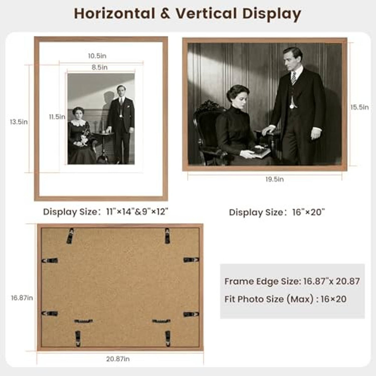 Walnut wood picture frame size and fit diagram with backboard view