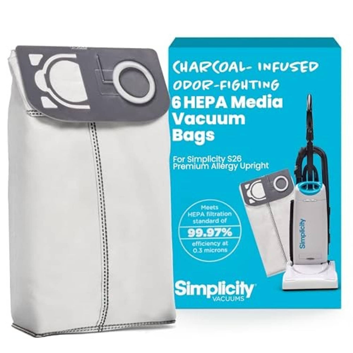 Charcoal-infused HEPA vacuum bags with dark gray filter panel and white paper bag