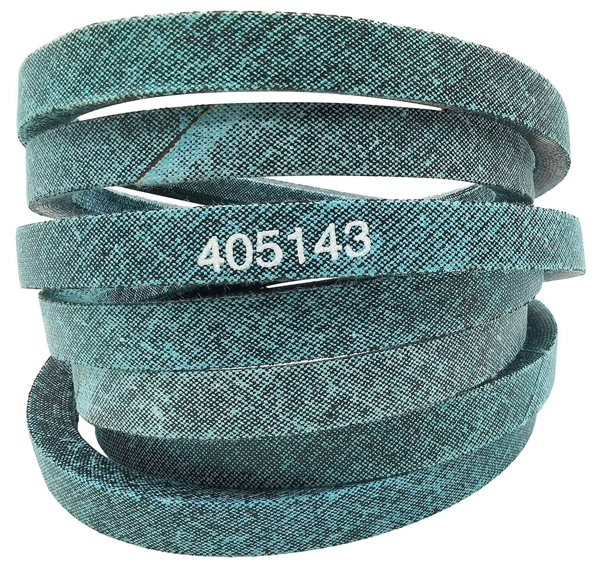 Turquoise deck drive belt with 405143 marking, looped coil