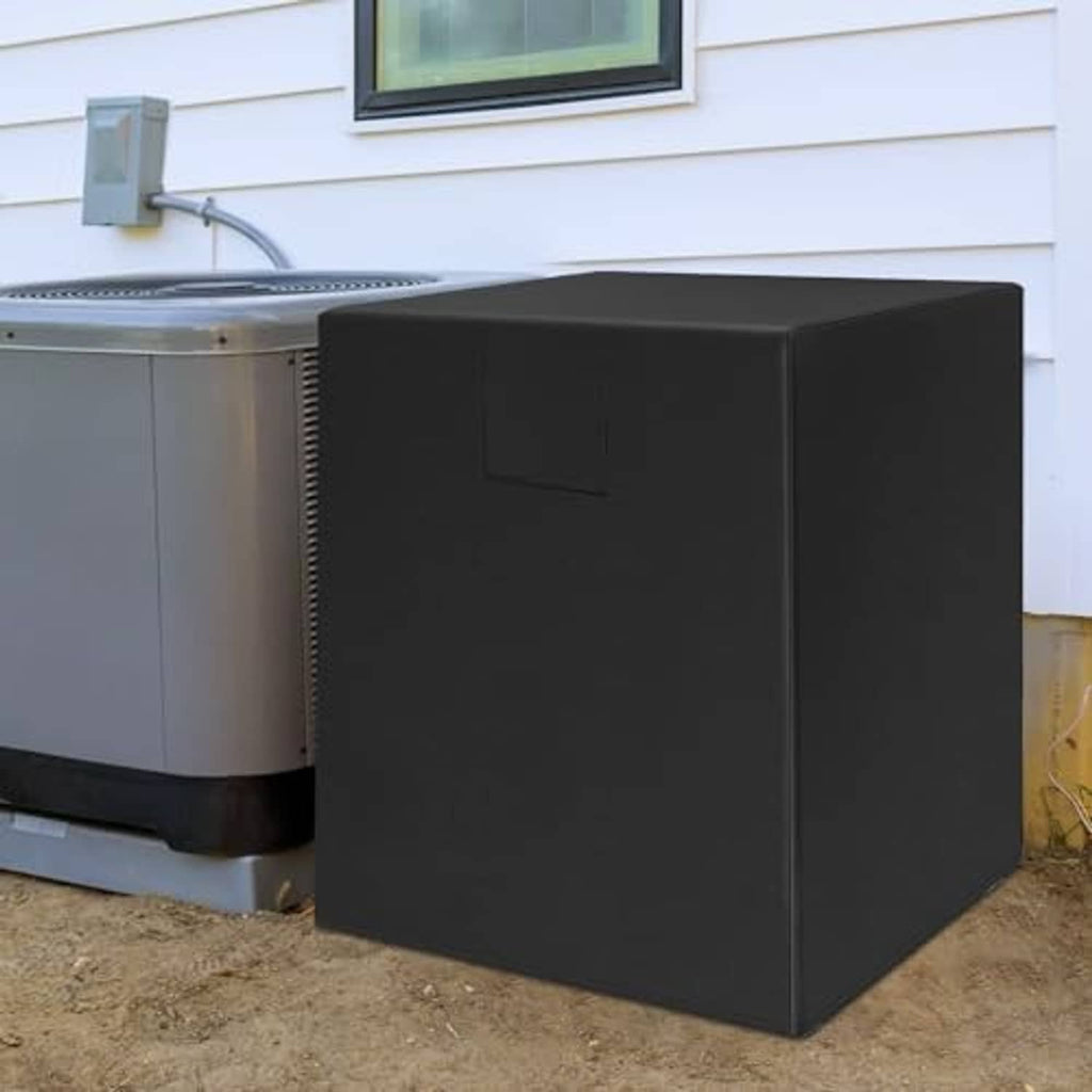 Black outdoor AC condenser cover, square fitted design with top flap