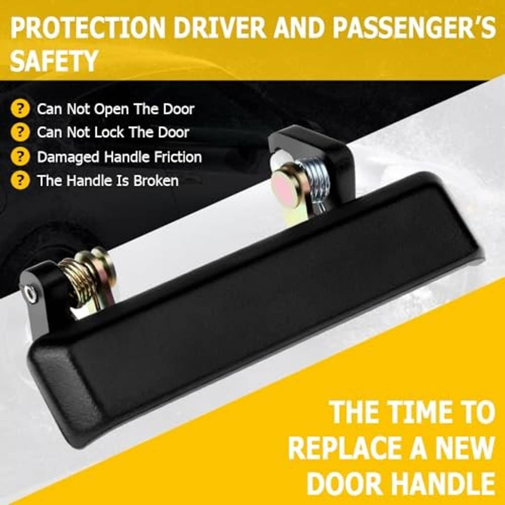 Black exterior door handle with chrome threaded fasteners and mounting bolt