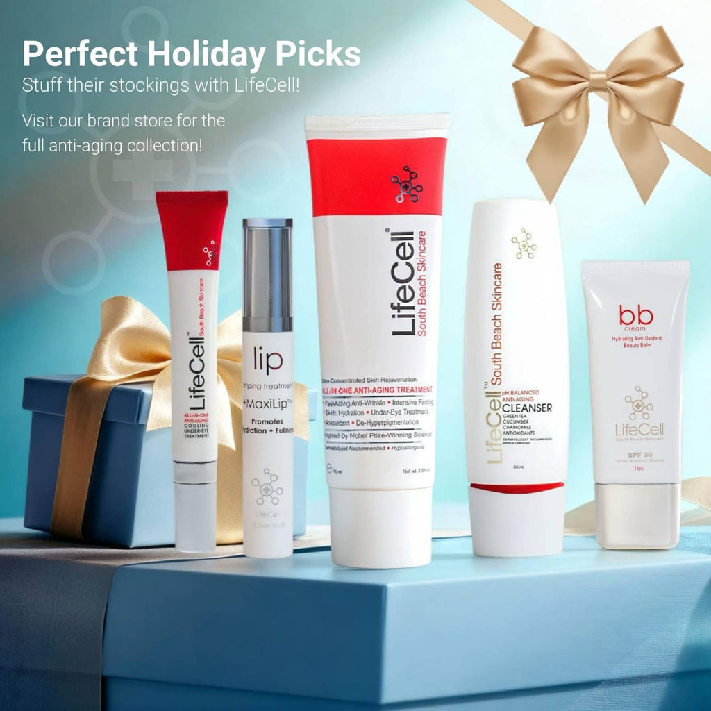 LifeCell anti-aging product display including a whey protein tub and bottles