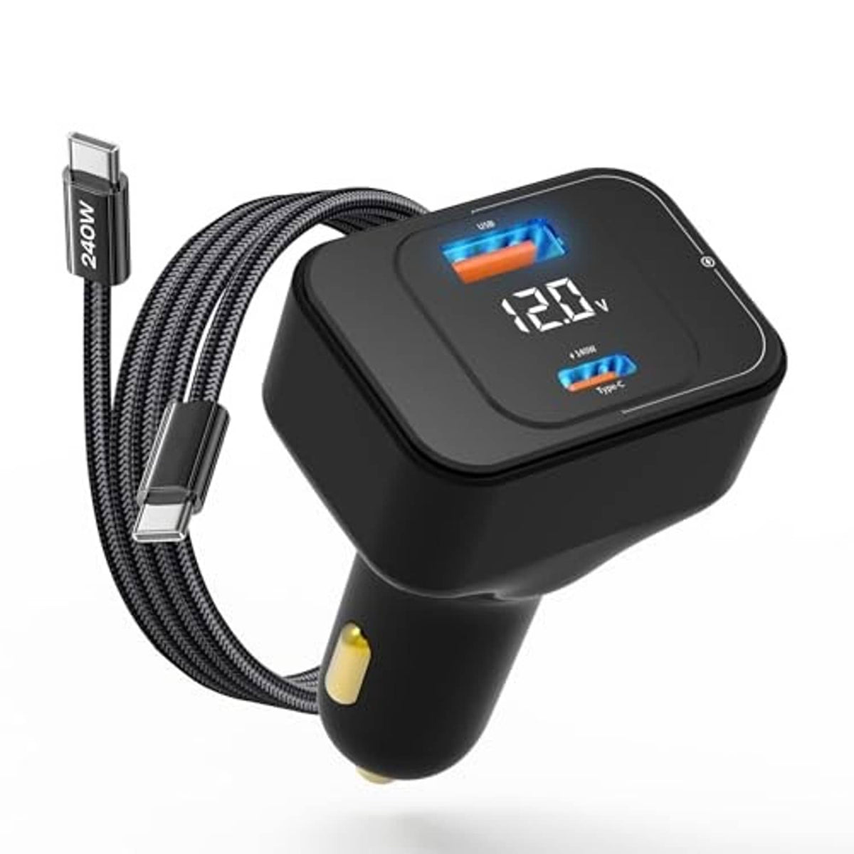 Black dual-port car charger with braided USB-C cable and bright LED voltage screen