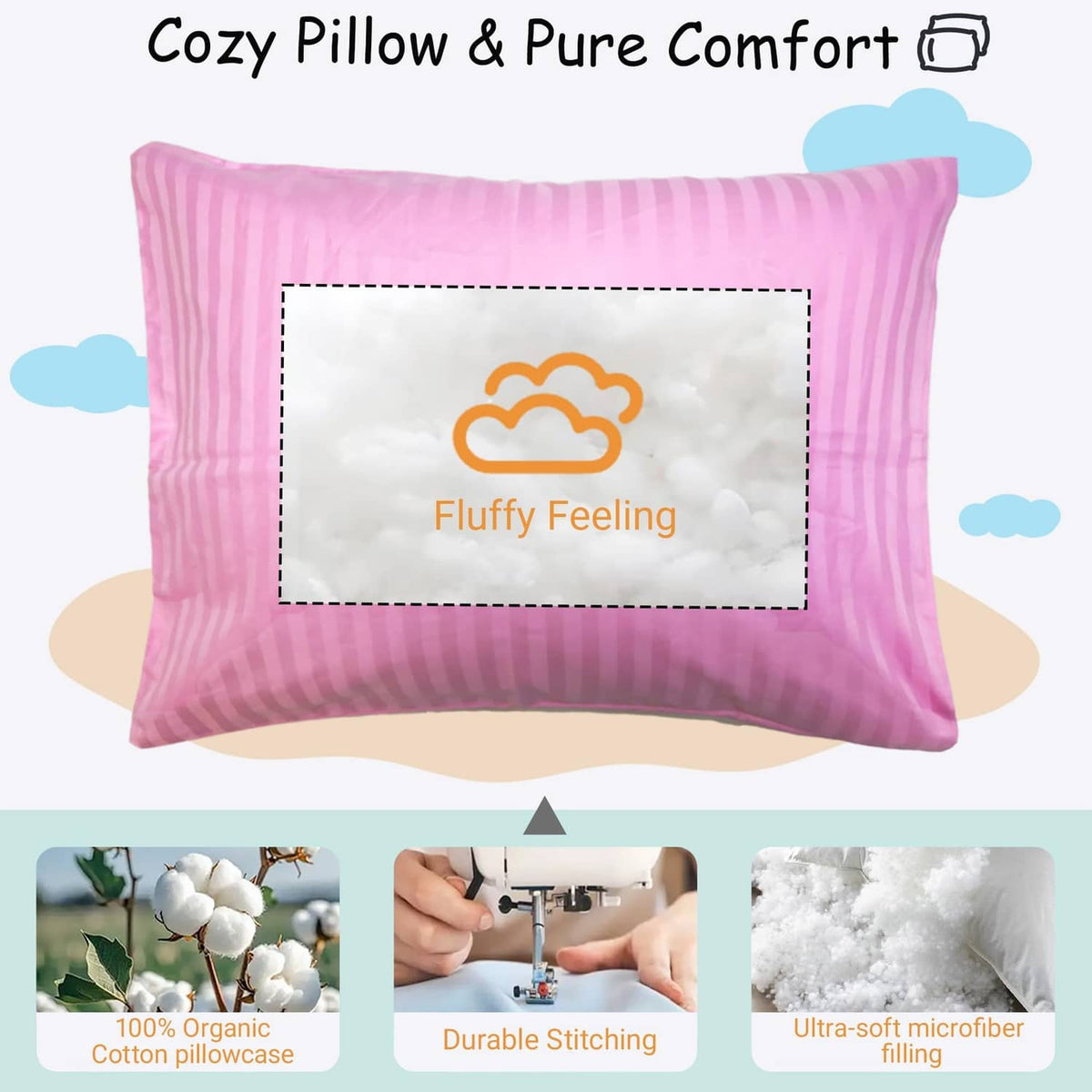 Pink striped toddler pillow with decorative center label area