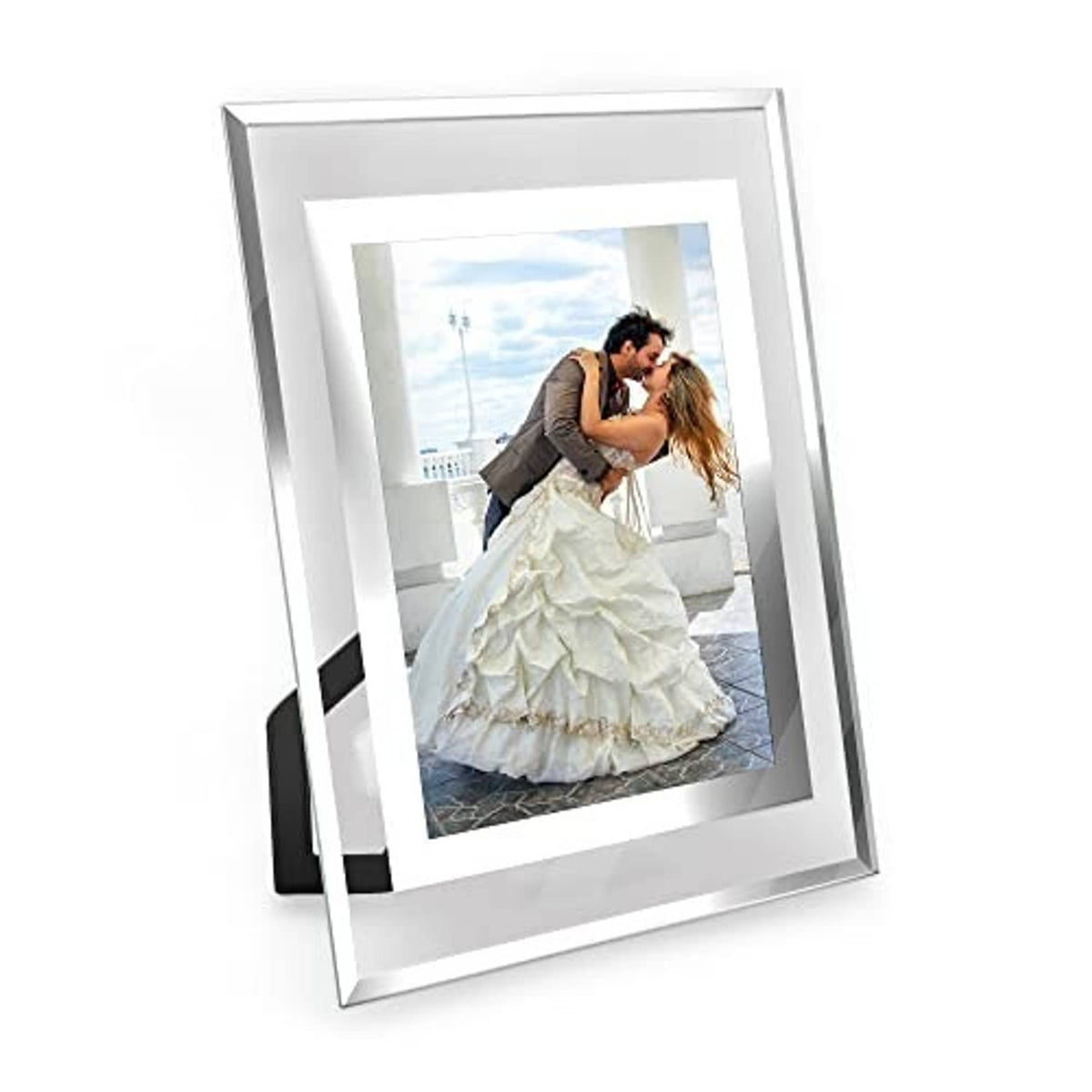 White 5x7 glass photo frame, angled tabletop display with inner photo mat