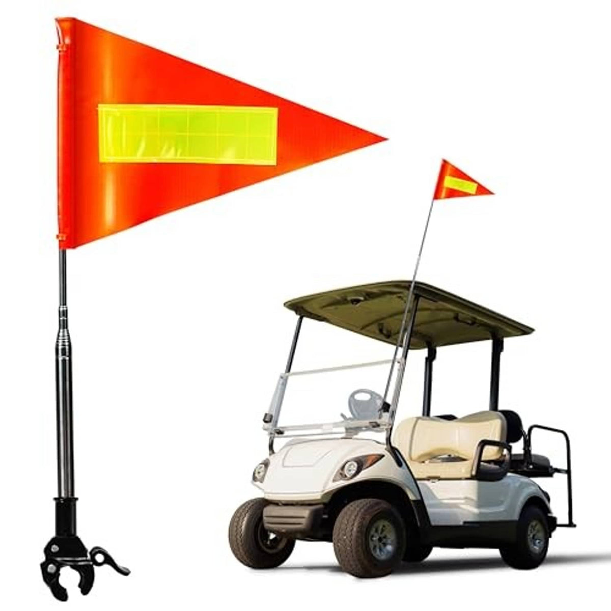 Orange triangular golf cart safety flag with reflective yellow panel on telescoping pole