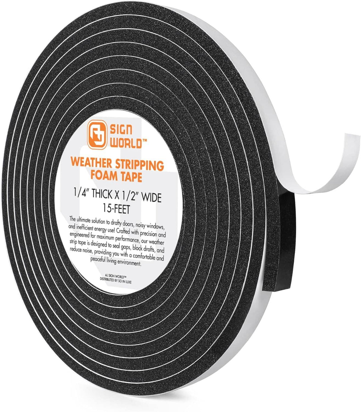Black foam weather stripping tape roll with hanging end and centered printed label