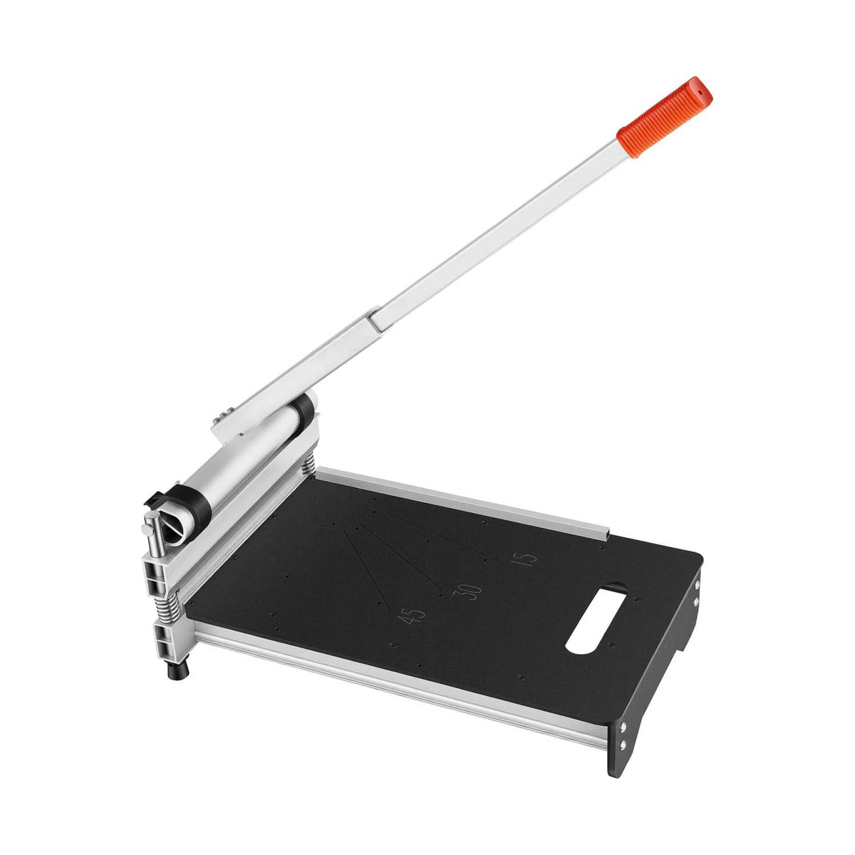 Vinyl floor cutter with black platform, silver frame, and orange grip handle