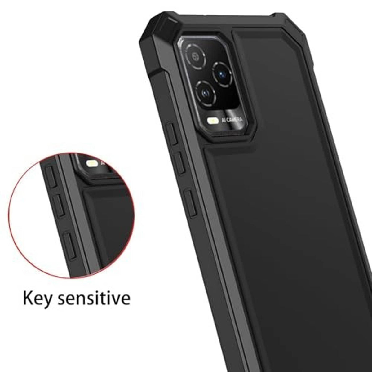 Rugged black phone case with textured grip sides and precise camera cutout