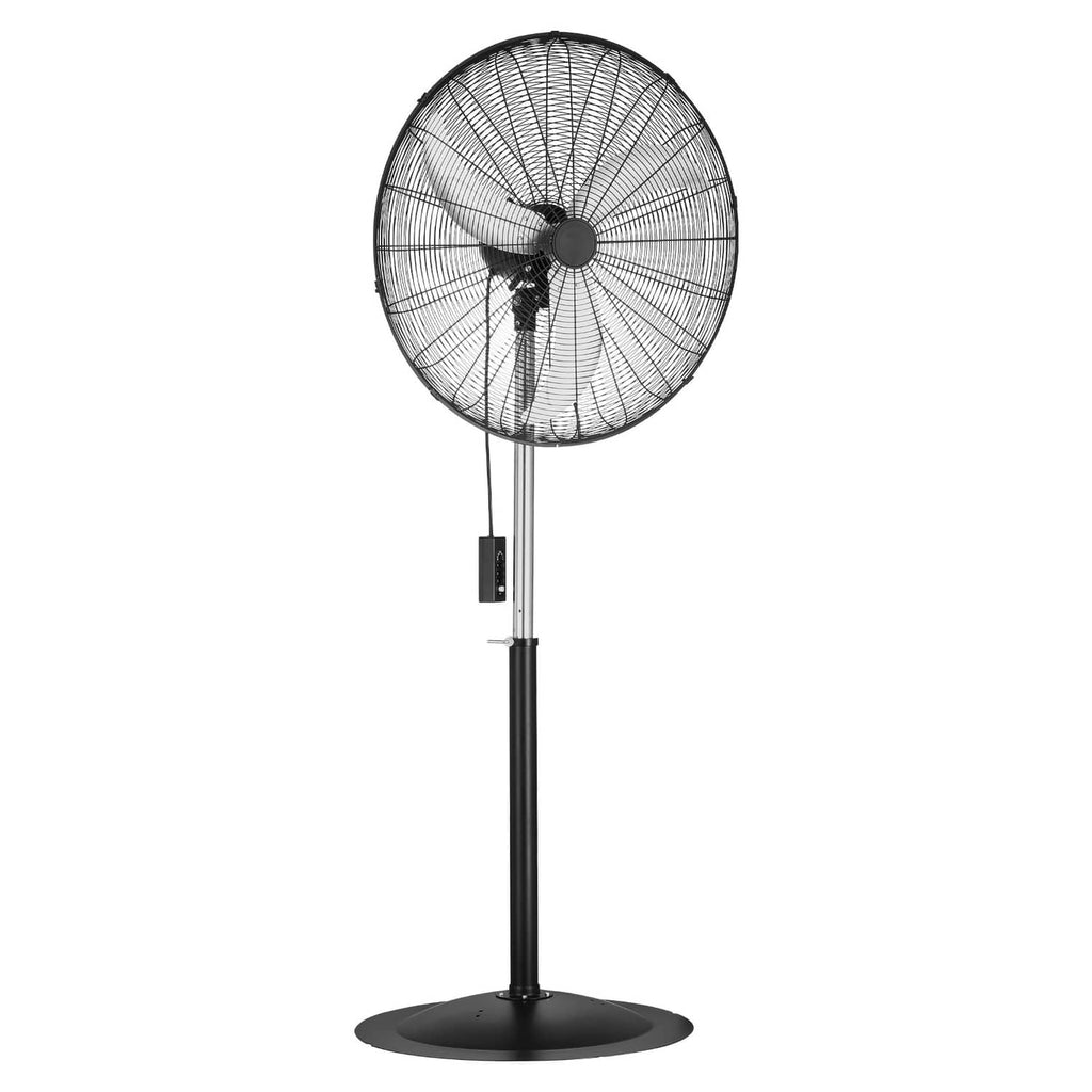 Black pedestal floor fan with round wire grille, tall stand and base