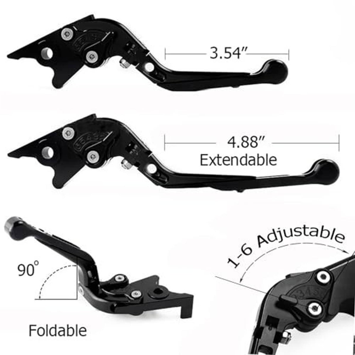 Black foldable adjustable motorcycle brake and clutch levers with 1–6 adjustment range