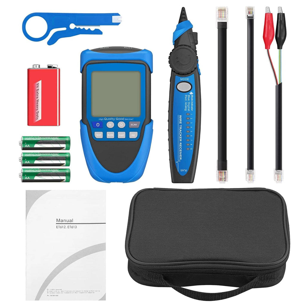 RJ45 cable tester tool kit in blue and black, with adapters, probes, and black case