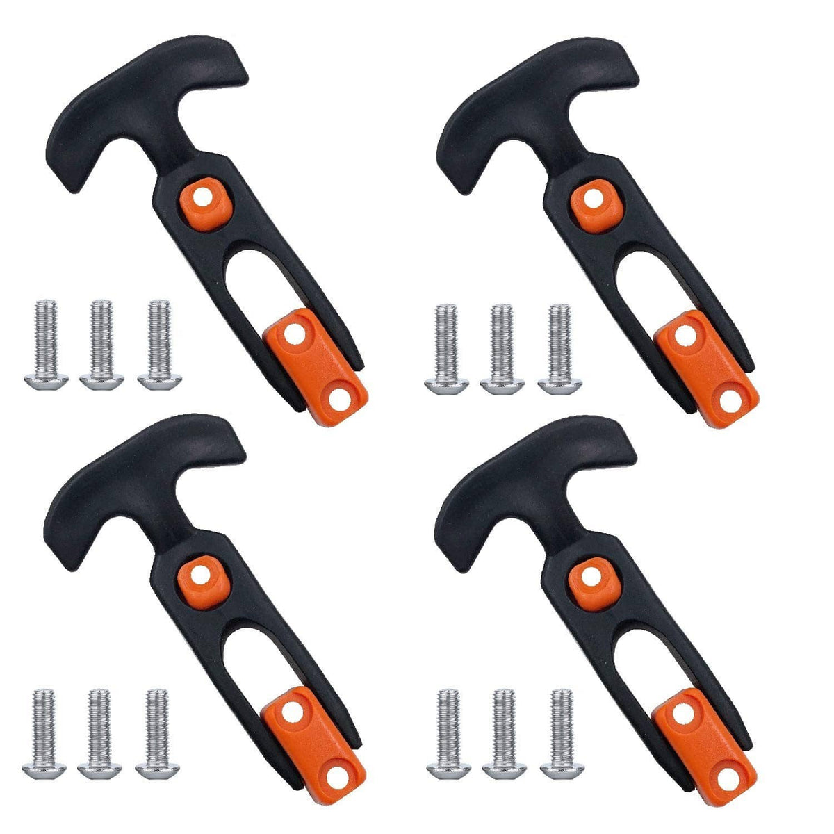 Set of four black cooler latch clips with orange buttons and mounting screws