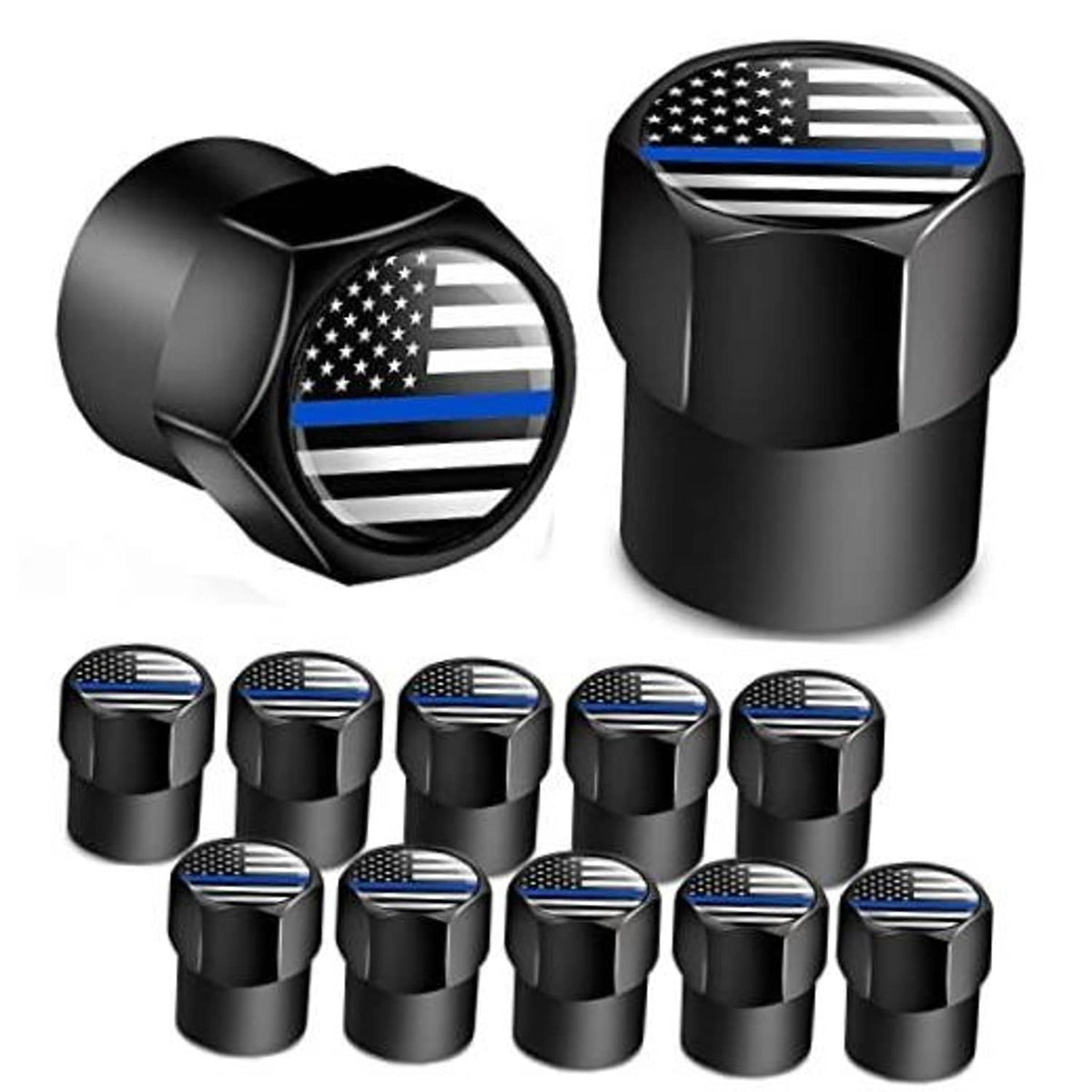 Black tire valve stem caps set of 12 with thin blue line flag emblem on top