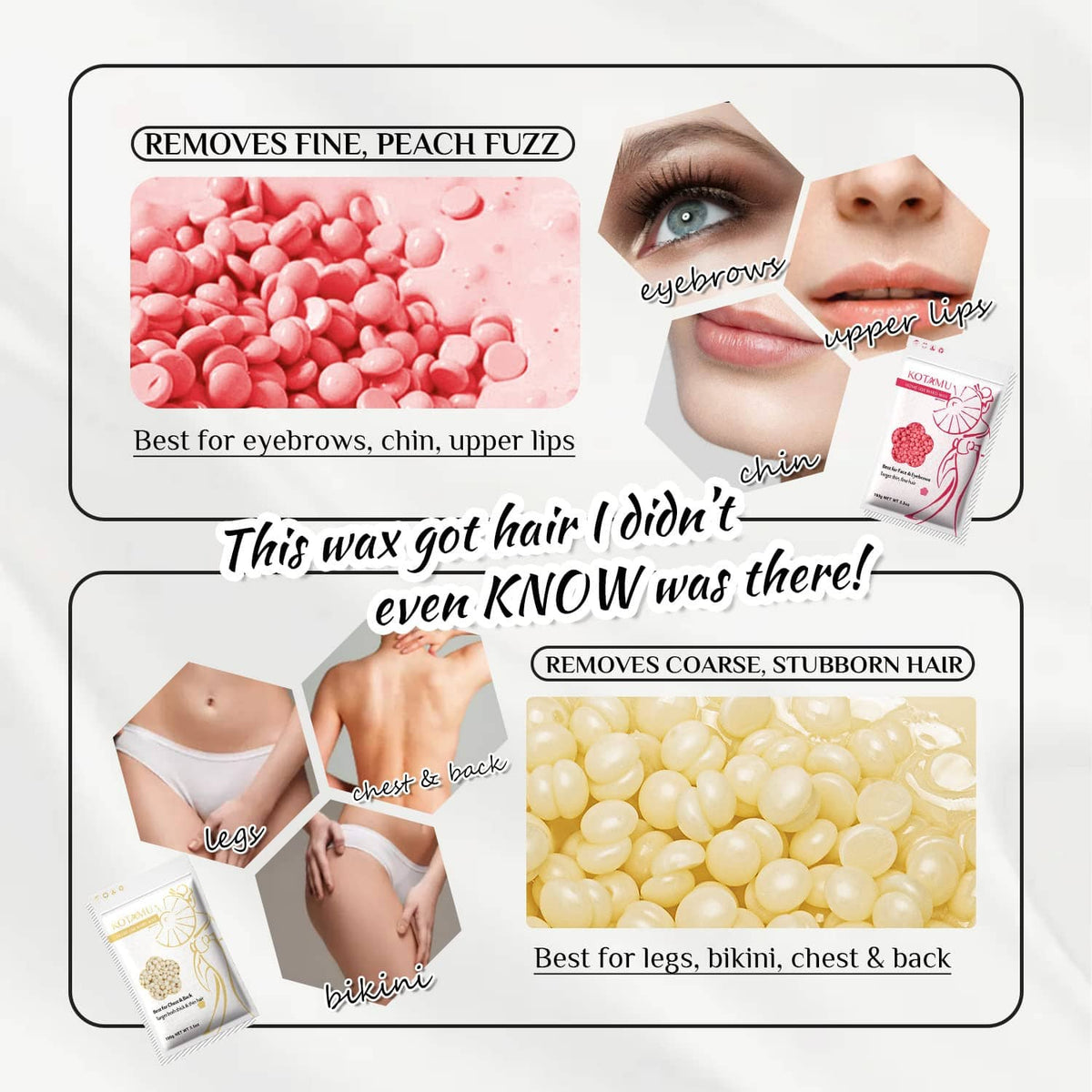 Hard wax hair-removal kit with peach-fuzz and coarse-hair bead packaging